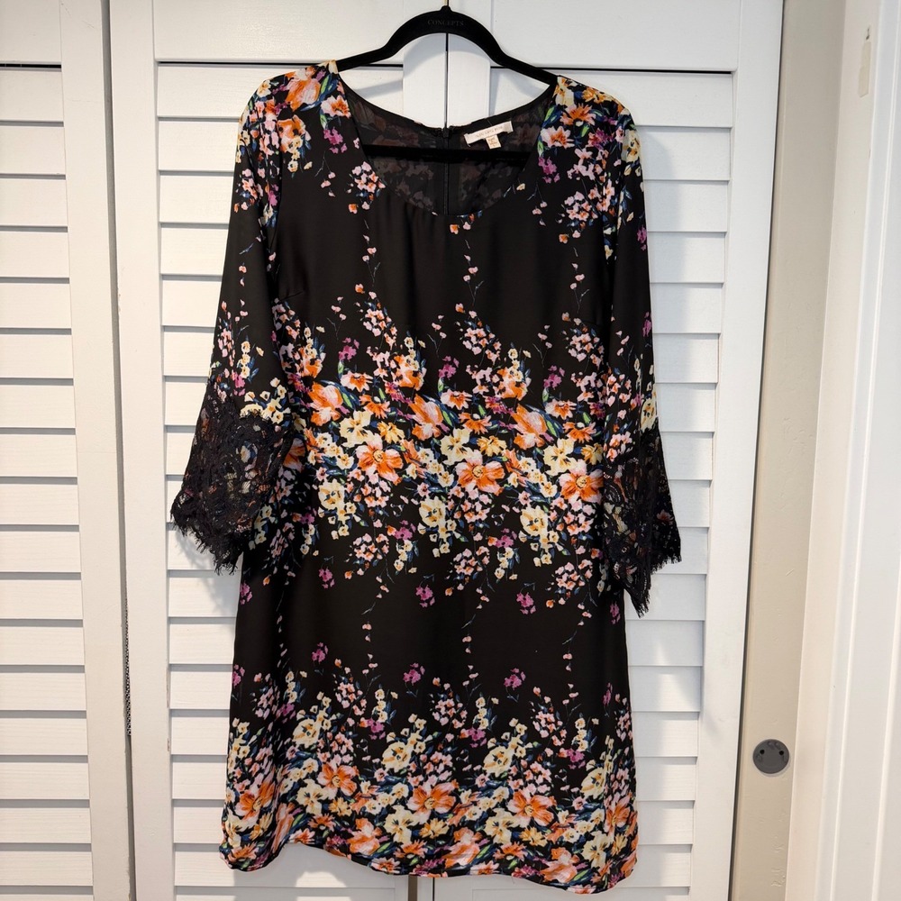 Skies‎ Are Blue Floral Lace Trim Shift Dress Black Multi 3/4 Sleeve L Womens